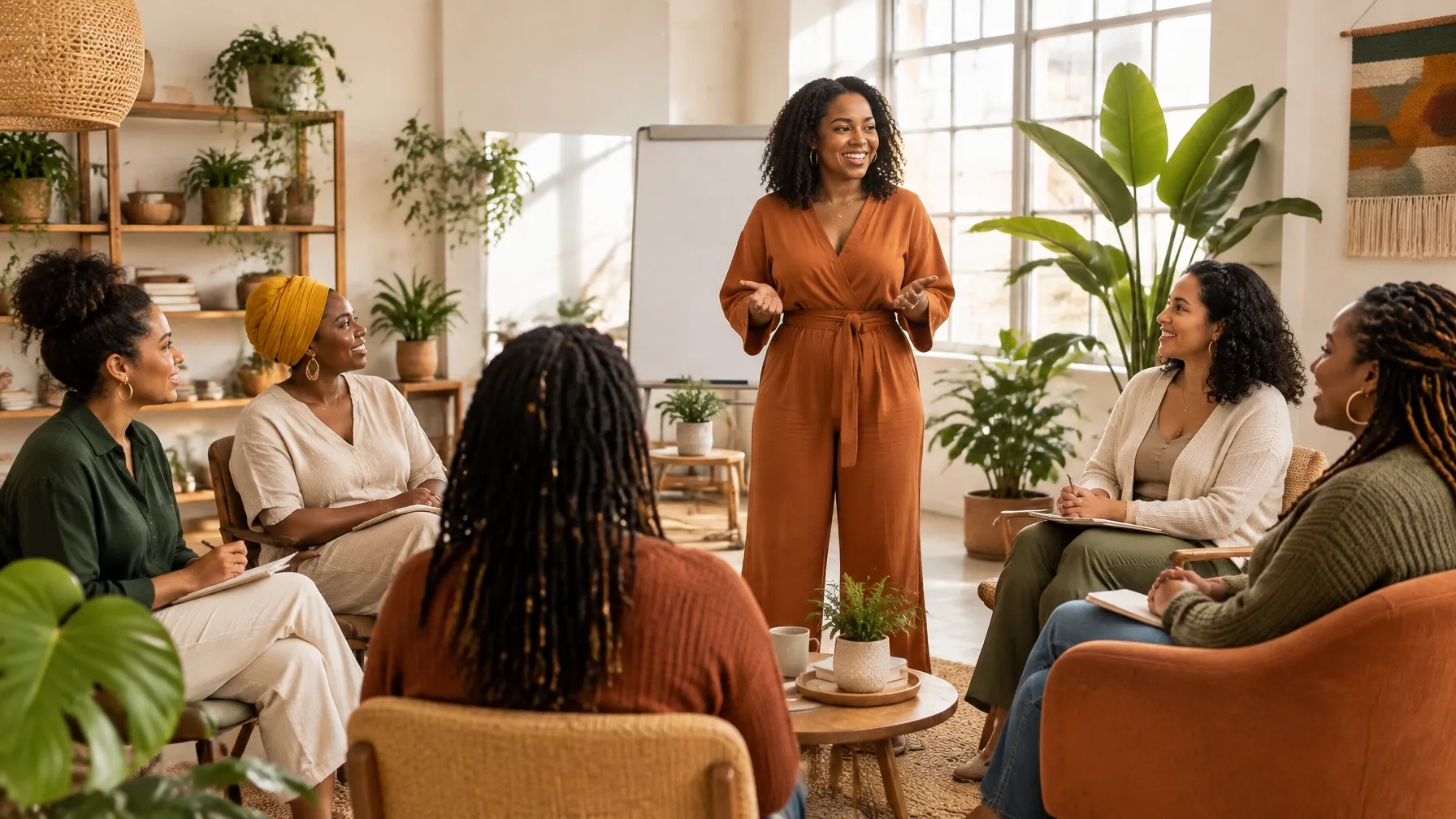 A silver-haired facilitator leading a business session with a diverse group of women