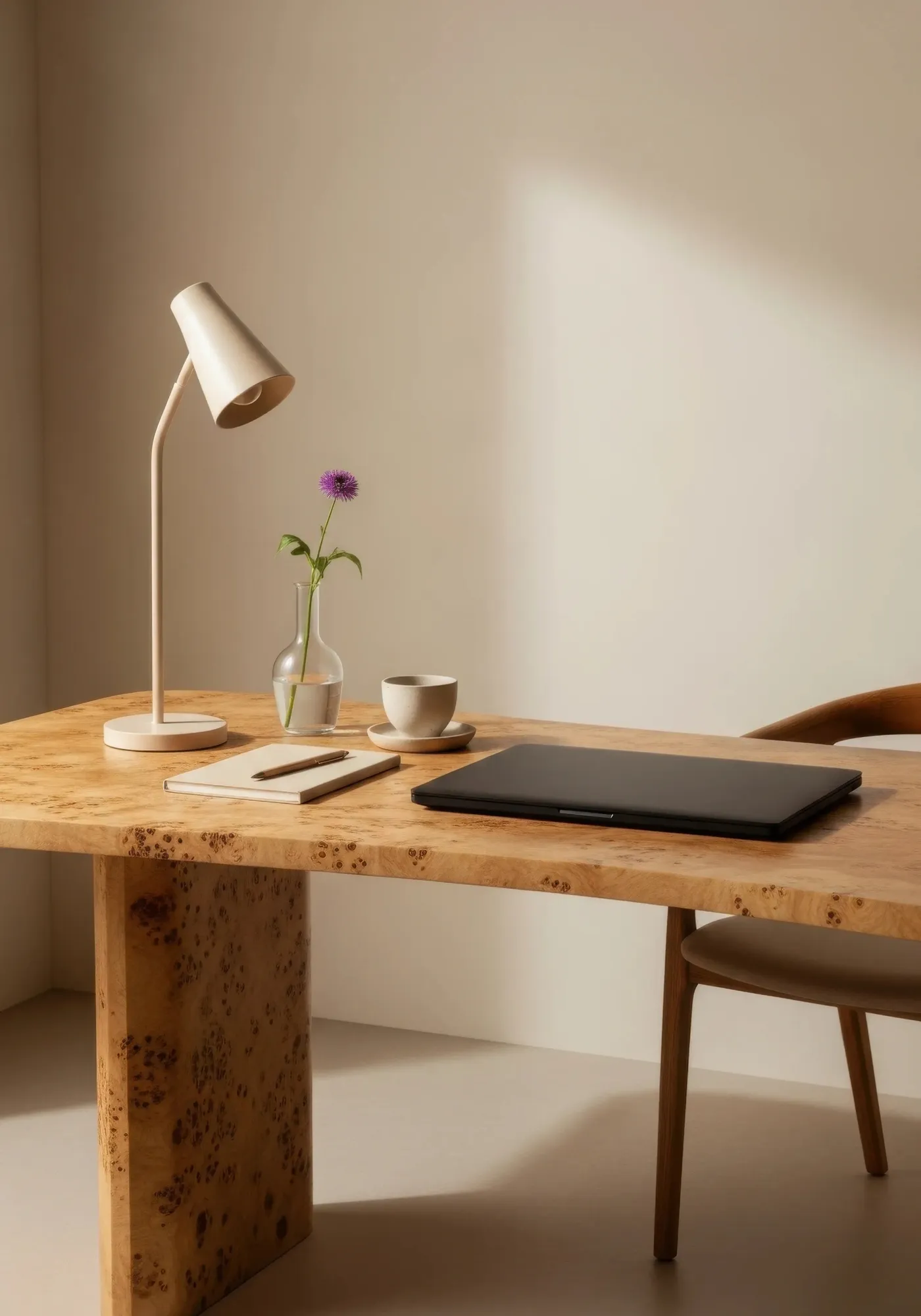 A welcoming workspace with a desk, journal and a cup of tea