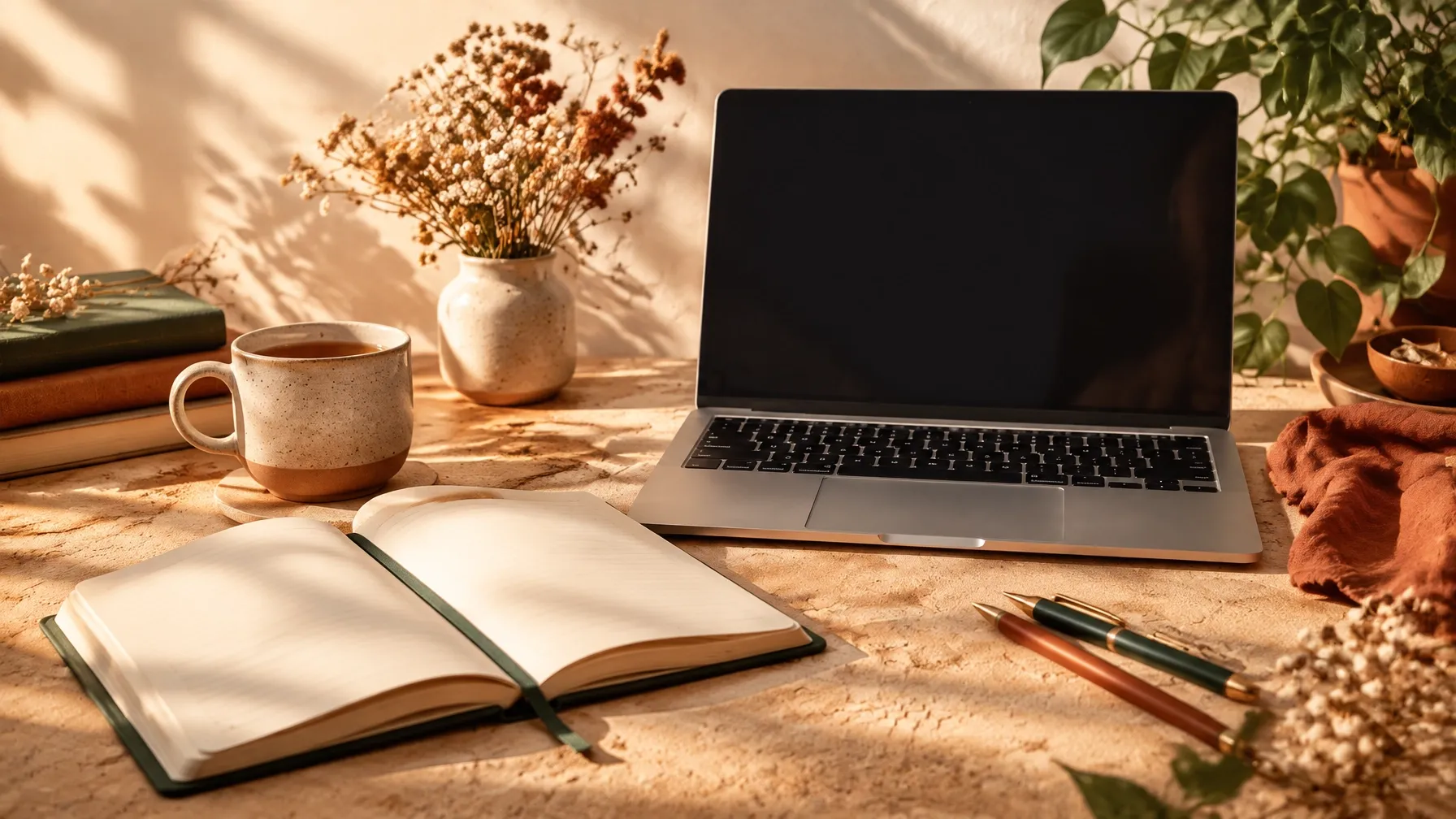 A notebook, laptop and tea on a warm worktable