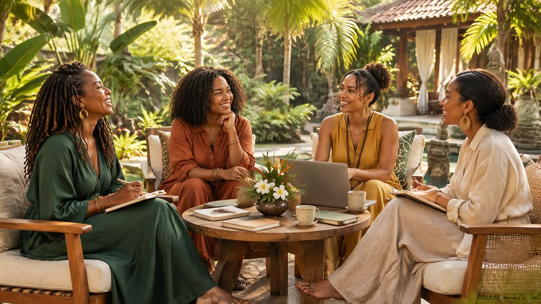Women entrepreneurs of different ages gathering for a garden retreat